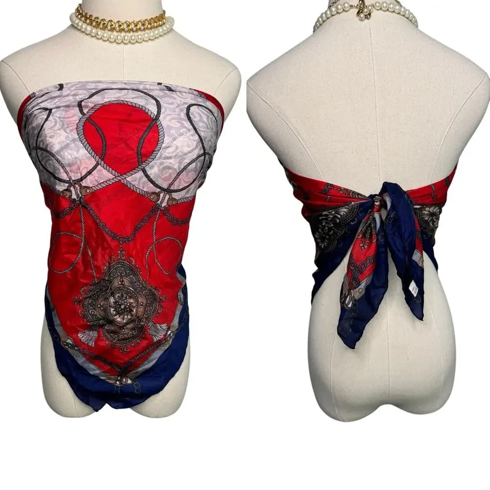 Golden Dragon brand 100% silk preppy nautical silk scarf red blue 32 x 33.5